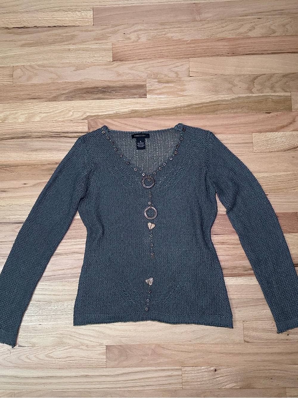 BCBG Grey Crochet Knit V-Neck Top Y2K Fairycore Whimsigoth Embellished Sweater S